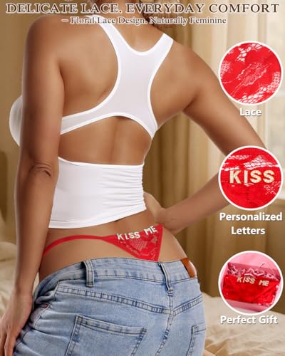 Image of Sexy Underwear for Women, 2 Pack Thong Panties - Lace & Silk G-String Sexy Underwear with Fun Lettering, Adjustable Gifts Set