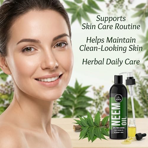 Image of Neem Oil 200ml by Naturevibe Botanicals 100% Pure Cold Pressed Neem for Skin, Hair & Scalp Care | Natural Body Massage Carrier Oil | Oily & Dry Skin | Suitable for Face & Hair Care