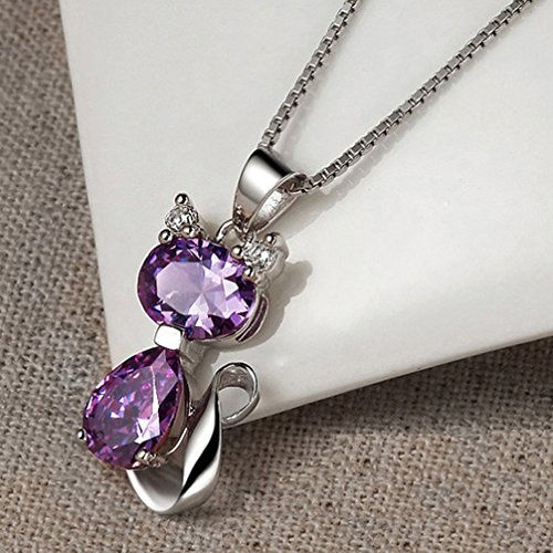 Dreamseden Cat Necklace, 18'' Silver Box Chain Women's Amethyst Cat Pendant Jewelry, Purple (Gift Box & Greeting Card) #TOP1