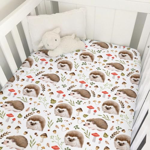Image of Hedgehogs Baby Crib Fitted Sheet 52''x28'' Watercolor Hedgehog Mushroom Leaves Snug Fitted Crib Mattress Cover for Boy Girl Soft Nursery Bed Sheets for Standard Crib Toddler Mattress