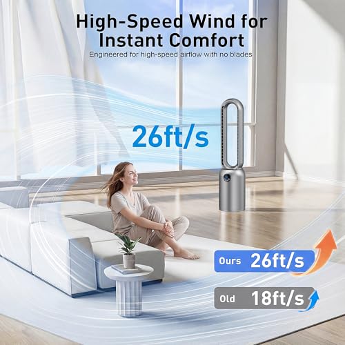 Image of 36 inch Bladeless Tower Fan for Bedroom, Powerful 26ft /s Airflow, 24 Speeds, 90 Oscillation, 12H Timer, Standing Fans with Remote, Quiet Bladeless Cooling Fan for Home Office Room, Dark Grey