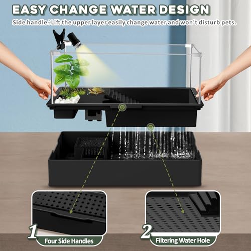 Image of GOZILLA Small Turtle Tank Kit+Water Pump+Lamp, Acrylic Turtle Tank Starter Kit with Adjustable 5W Water Pump and Timing /Dimming Lamp, Multi-Functional Area for Small Turtles(Black Kit).