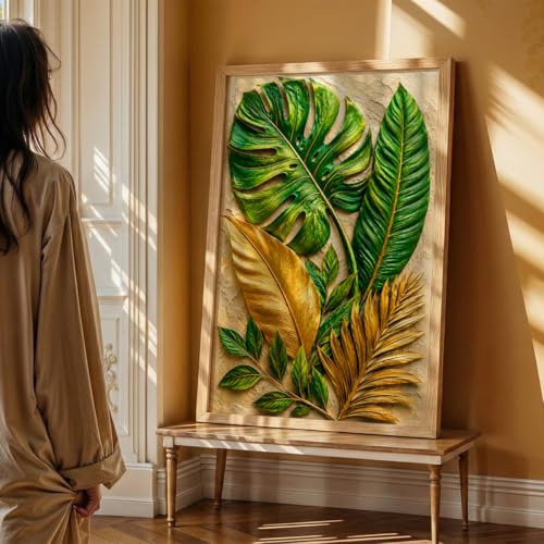 Image of NoWorries 3D Tropical Leaf Wall Painting with Frame Set of 1 | Premium Textured Green & Gold Monstera Palm Leaves Artwork, Luxury Botanical Nature Wall Decor for Living Room, Bedroom, Office and Home Decoration (3d Art-10,17x25inch)