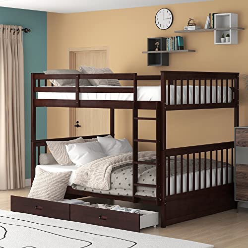 Full Over Full Bunk Beds With 2 Storage Drawers, Solid Wood Detachable Bunk Bed Frame With Ladders And Safety Rail For Kids, Teens, Adults #TOP1