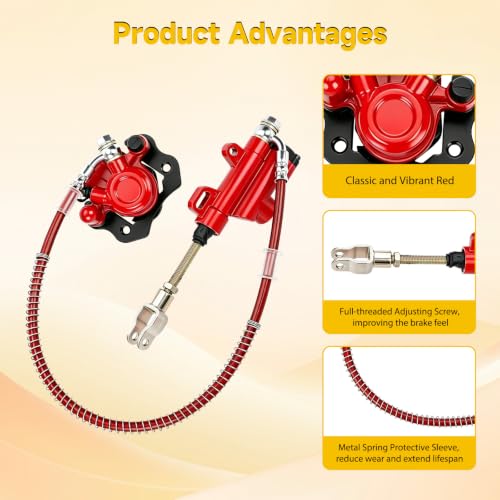 Image of HIAORS Rear Hydraulic Foot Brake Kit for 110cc 125cc Taotao Chinese ATV | ATV Rear Brake Kit Caliper Master Cylinder Assembly for Coolster 125 110cc 4-Stroke Quad 4 Wheeler Parts Kazuma Baja Sunl Red