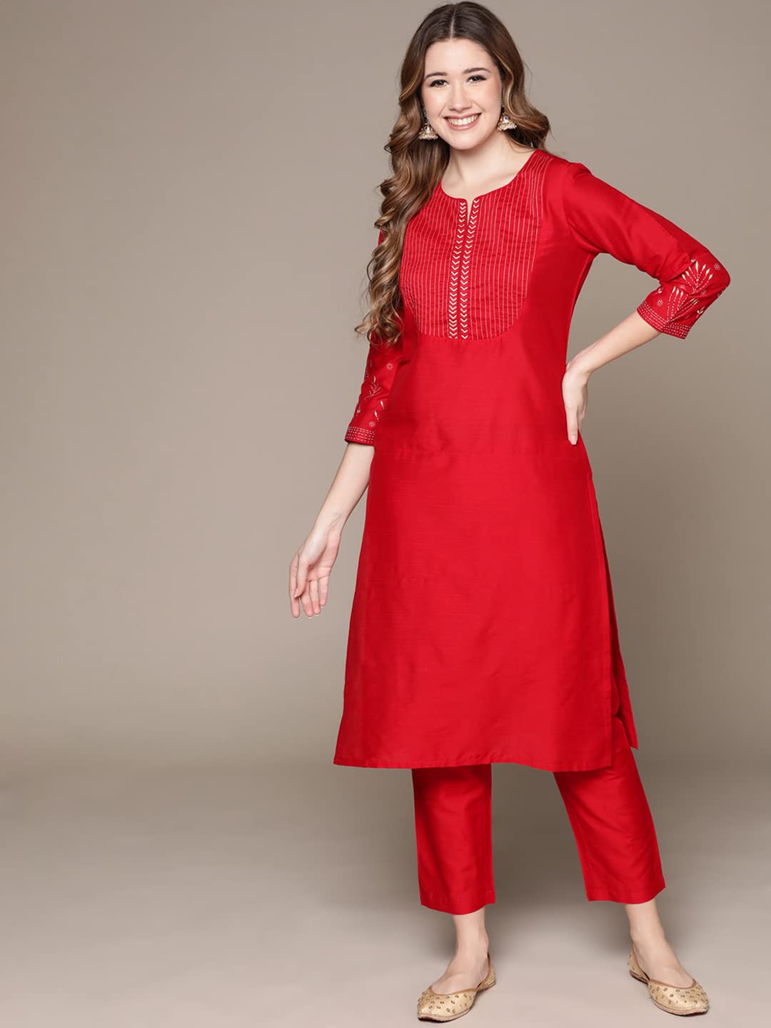 Anubhutee Women's Cotton Red Woven Design Thread Work Straight Kurta Suit Set With Pants