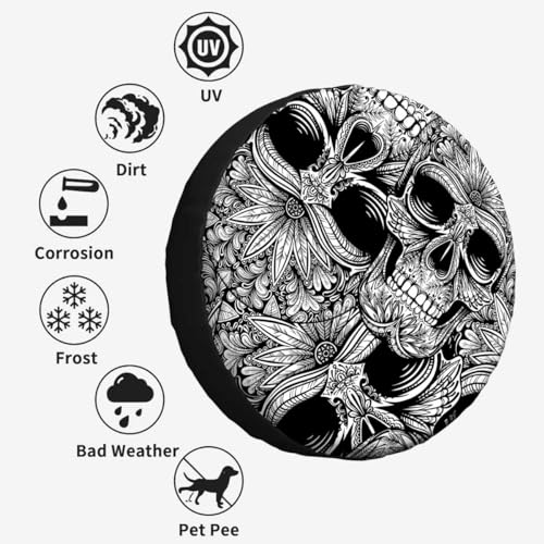 Image of Tattoo Skull Spare Tire Cover 15 inch Wheel Black and White Skull Protectors Weatherproof Universal for Trailer Tire Cover Rv SUV Truck Camper Travel Trailer