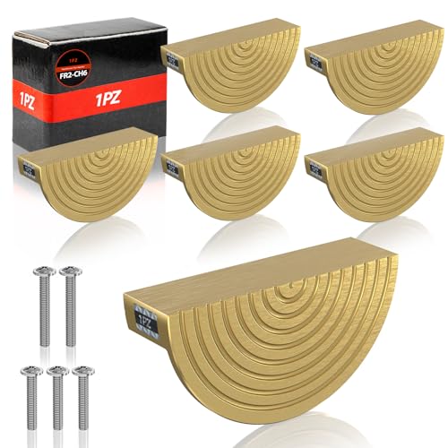 1PZ FR2-CH6 - Manijas de cajón de latón cepillado dorado de 6 piezas con distancia de 64 mm, longitud total 74 mm con tornillos Manijas en forma de semicírculo para muebles de cocina dormitorio baño