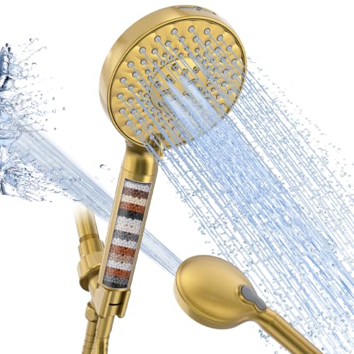 Image of SR SUN RISE Filtered Shower Head with Handheld High Pressure 9 Spray Mode Showerhead Detachable Shower Head Water Softener Filters Beads for Hard Water Remove Chlorine 1 Filter 1.8GPM Brushed Gold