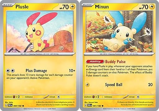 Plusle & Minun Lote de cartas – Paradox Rift – Raro – Lote de 2 cartas Pokemon – 060/182 & 061/182 | Ya disponible en tu tienda friki favorita! En mundofriki.es!