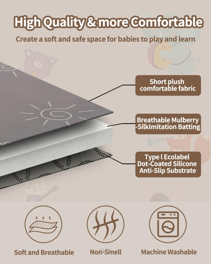 Baby Play Gym Mat with Tummy Time Activity for Newborn Girls and Boys, Non-Slip Floor Mat Includes 6 Detachable Toys for Sensory Development, Machine Washable, Essential Gift (Grey)
