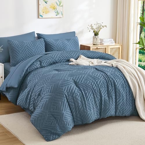 Image of Andency Super King Plus Comforter Set Ocean Blue - 7 Pieces Bed in a Bag Oversized King Bedding Sets, Boho Tufted Lightweight Fluffy Bed Set with Comforter, Sheets, Pillowcases & Shams