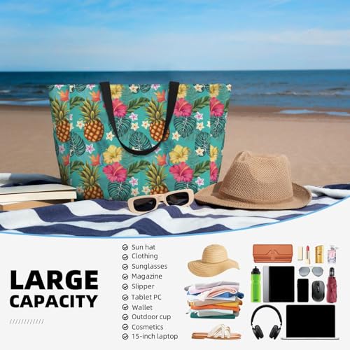 Large Beach Bags Water-resistant Sandproof - Hawaiian Style Pineapple Cute Beach Tote Bags for Women with Zipper4