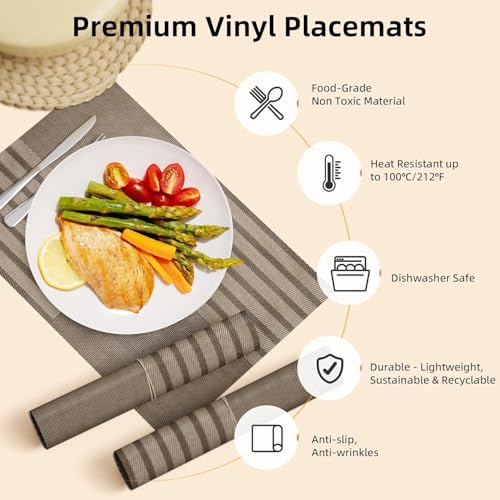 Image of Rectangular Heat Resistant Non-Slip Weave Placemat for Dining Table, Cleanable PVC Woven Dinner Mats | Low-Maintenance| Perfect for Home, Kitchen, Restaurant, Office Bear Browne, Set of 4