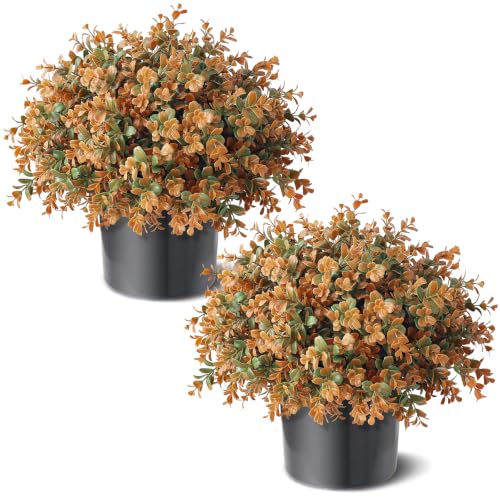2 Pack 17 Lifelike Touch Artificial Boxwood Topiary Tree(Autumn Orange)