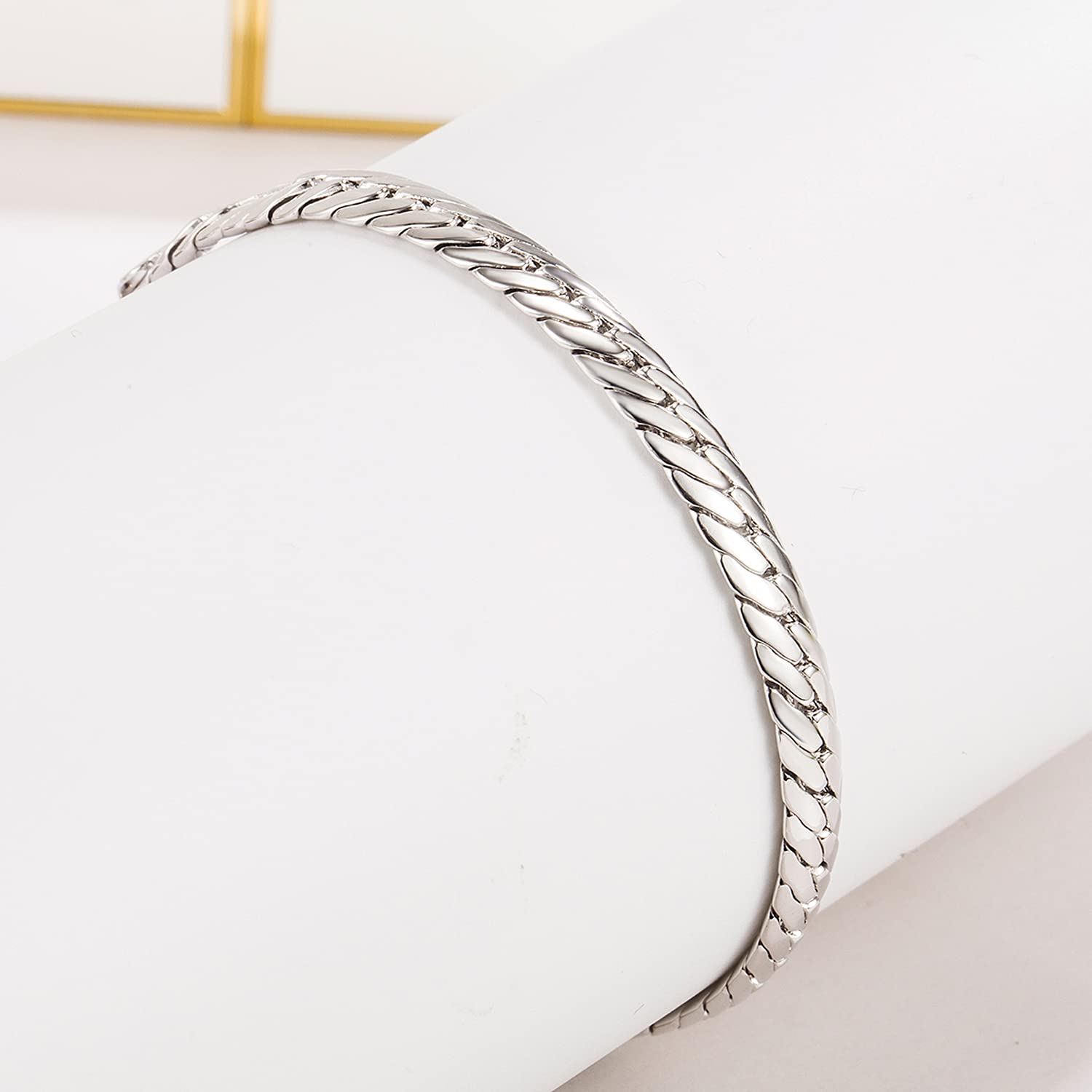 Dankadi Braccialetto a forma di serpente, 6 mm, in argento Sterling 925, 24 K, dorato, catena a serpentina piatta 6,7" a 9", bracciale morbido, maglia rotonda, regalo di gioielli per festa per uomo e