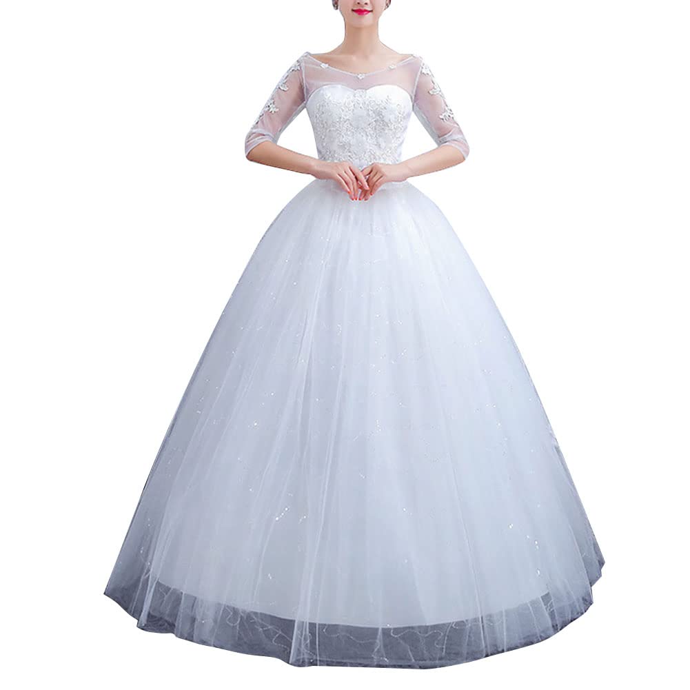 Vestido de Boda Largo para Mujer A-Línea Escote Redondo Encaje Tul Mangas 3/4 Vestido de Novia Vestido de Fiesta de Dama de Honor Largo