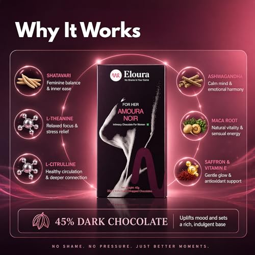Image of ELOURA Amoura Noir Mood Uplifting Chocolate for Women - 4 Bars, 20g Each | 45% Dark Chocolate & 9 Natural Botanical Blend | Vegan Dairy Free | Mood Enhancing Chocolate | Chocolates Gift Box for Women