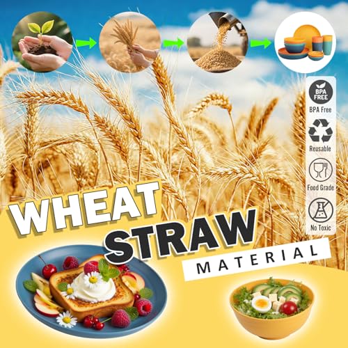 Image of Wheat Straw Dinnerware Sets, Unbreakable Plates and Bowls Sets of 16, Kids Dinnerware Set Sevice for 4, Dishwasher & Microwave Safe Dish Set for Kitchen, Outdoor, Camping - Multi