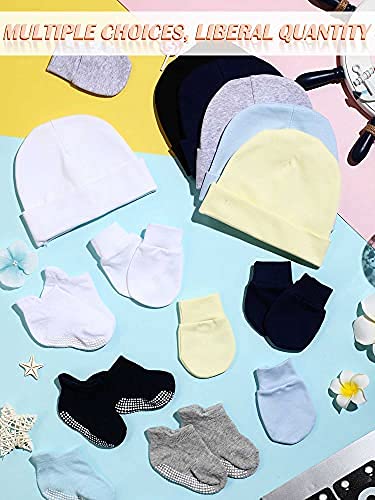 Baby Hats Mittens And Socks Set Unisex Cotton Beanie Cap And Scratch Mitten Non-Slip Baby Ankle Socks For Boys And Girls (White, Black, Grey, Light Blue, Navy Blue, Beige,6 Sets) #TOP6