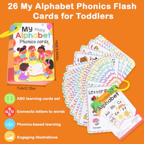 Image of PATPAT 26 My Alphabet Phonics Flash Cards for New Born Baby, ABC Learning Cards Set with Cute Cartoon Illustrations, Preschool Letter Recognition & Phonics Sight Word Flashcards with Ring Binder