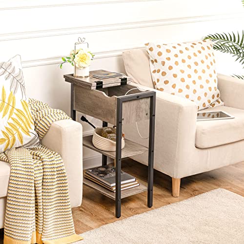 Hoobro Side Table, Flip End Table With Charging Station And Shelves, Usb Ports & Power Outlets, Narrow Nightstand For Small Spaces, Living Room, Bedroom, Stable And Sturdy, Greige And Black Bg341Bz01 #TOP6