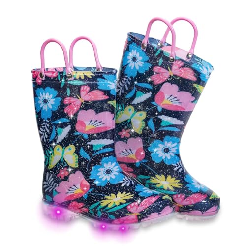 FUNCOO PLUS Toddler Kids Rain Boots Boys Girls Light Up Waterproof Boot with Handles, Toddler Size 9, Blooming Flower