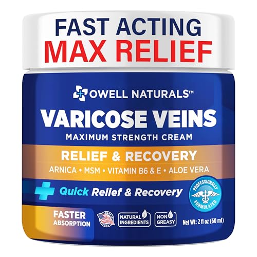 OWELL NATURALS Varicose & Spider Vein Leg Cream 2oz with Vitamin E - Maximum Strength All Natural Formula, Fast Acting Discomfort Reliever for Joint, Muscle, Knee (1 Pack)