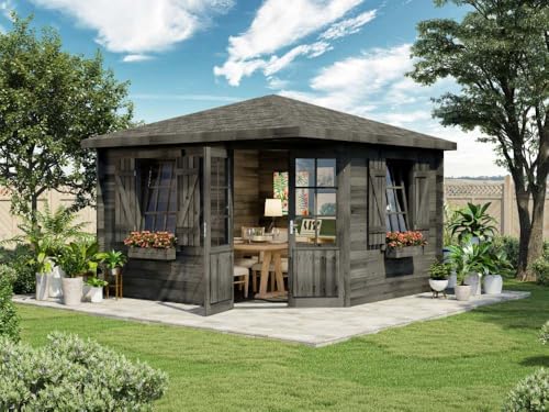 Alpholz 5-Eck Gartenhaus Monica Royal Gartenhaus aus Holz in Grau, Holzhaus mit 40 mm Wandstärke, Blockbohlenhaus mit Montagematerial Alpholz 5-Eck Gartenhaus Monica Royal Gartenhaus aus Holz in Grau, Holzhaus mit 40 mm Wandstärke, Blockbohlenhaus mit Montagematerial