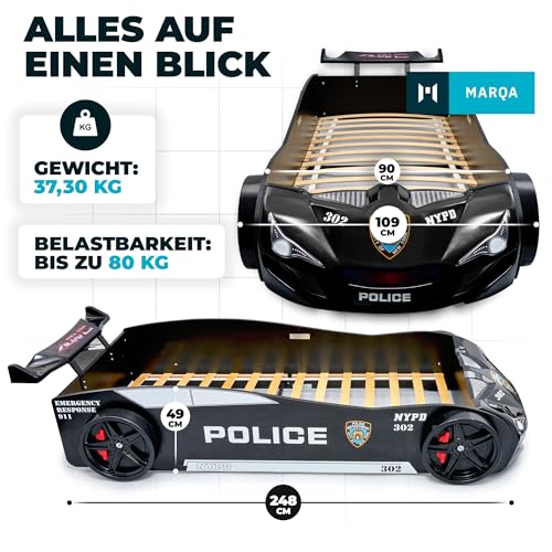 MARQA Kinderbett |Bodenbett | Kinderbett 90x200 |Autobett Rennwagenbett |Polizeiautobett inkl.Rollrost (ohne Matratze, Schwarz babybett)
