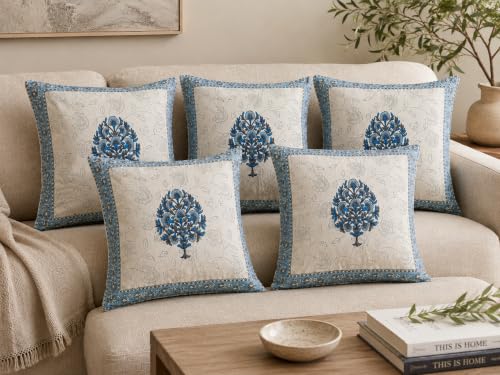 Image of Cotton Cushion Covers 16x16 Inch - Hand Block Floral Print Pillow Covers for Sofa, Couch & Bedroom (Pack of 5) (Cream & Blue)