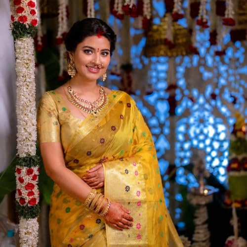 Image of Sarees for Women Wear Organaza Silk Banarasi Sari Kanjivaram Soft Pure Paithani Wedding Original Kanchipuram Pattu Sadi with Blouse Piece 2026 (Flowermeena)