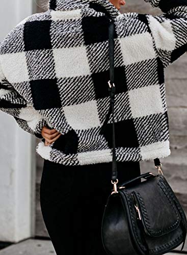 Chase Secret Women's Plaid Long Sleeve Zipper Sherpa Fleece Sweatshirt Pullover Jacket Coat with Pockets Black Medium