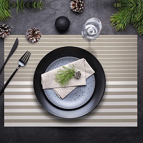 Image of YELONA Dining Table Placemats Set of 6 - Heat-Resistant, Non-Slip, Washable & Stain Resistant Woven PVC Vinyl Table Mats for Kitchen & Dining - 45 x 30 cm, PeachBrown & White