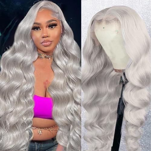 Image of Grey Lace Front Wigs Human Hair 28 Inch Colored Gray Wig 13x4 HD Transparent Body Wave Lace Front Human Hair Wig 180 Density Pre Plucked Glueless Frontal Grey Wigs for Women