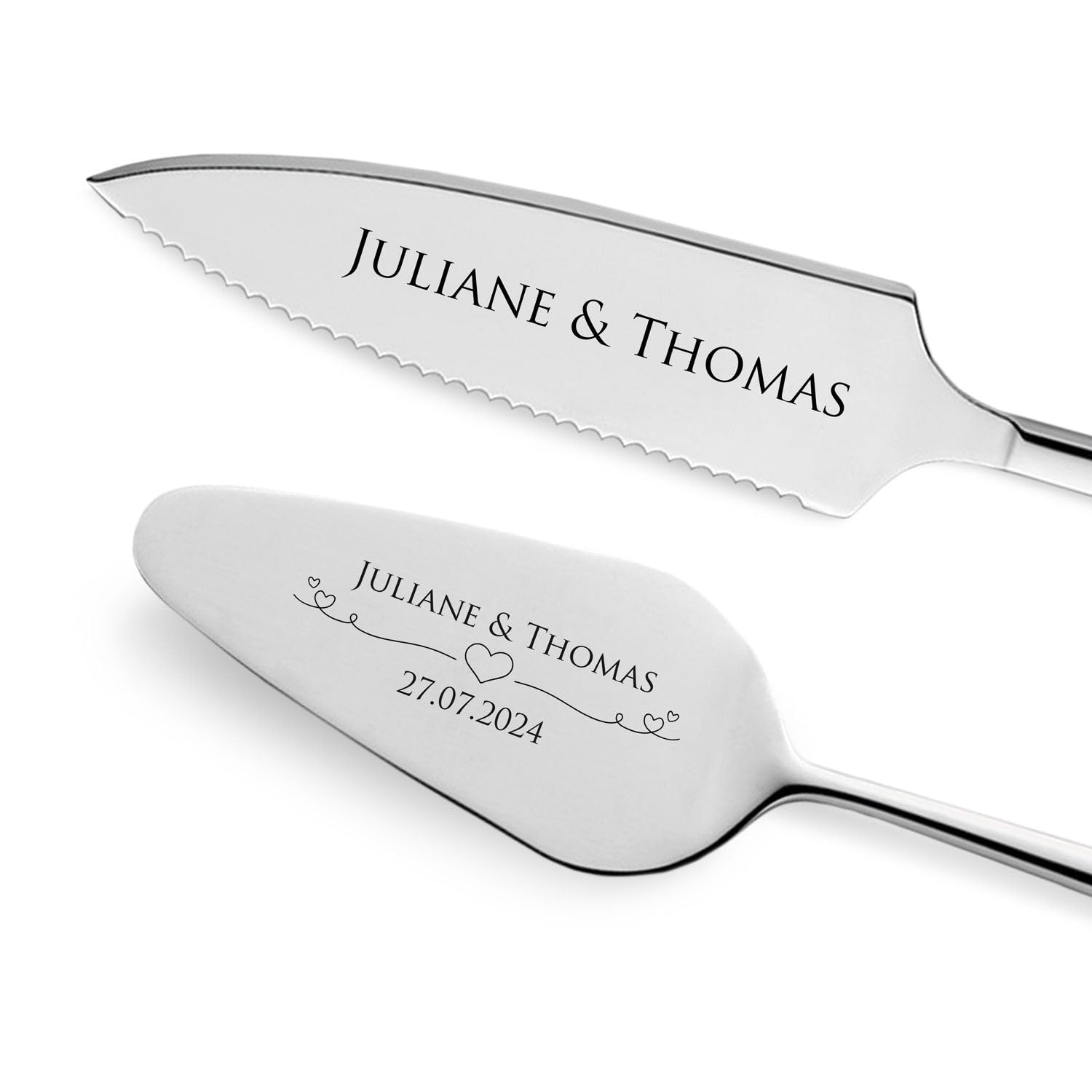 GRAVURZEILE Tortenheber inkl. Tortenmesser mit persönlicher Gravur - Herzen - Geschenk zur Hochzeit - Hochwertiger Edelstahl - Spülmaschinengeeignet - Hochzeitsgeschenke für Brautpaar - Silber