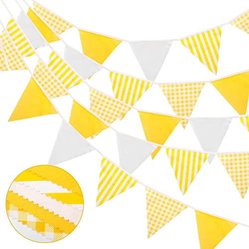 G2PLUS Guirlande de Fanions,12M Fanions en Coton,42 Côtés Jaune Blanc Fanion Bannière Tissu pour Baptême Anniversaire Cérémonie Mariage