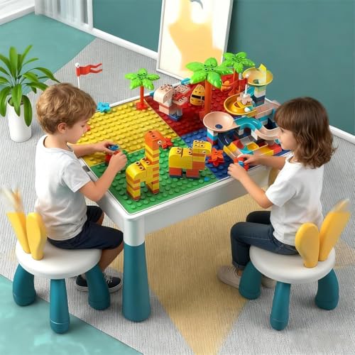 Image of Dawnwake Building Blocks Table, Convertible Toddler Study Table and Chairs Set with Blocks, for Kids Ages 2-4, Multi-Purpose Play, Learning & Dining