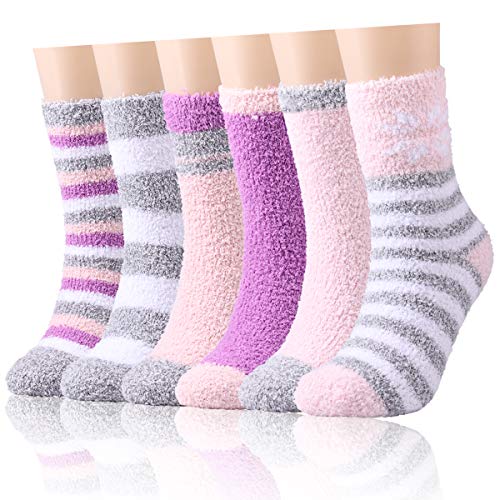 JaosWish Fuzzy Socks for Women Winter Warm Soft Fluffy Socks for Home Sleeping Indoor Thick Cozy Plush Sock 4, 6 Pairs (Type 2-Mix 6 Pairs)