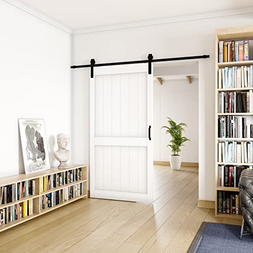 Image of 42 inch x 84 inch White Primed Sliding Barn Door with Hardware Kit Included | MDF Doors Covered with Water-Resistant Surface, Pre-Drilled Holes Easy Assembly, H-Frame