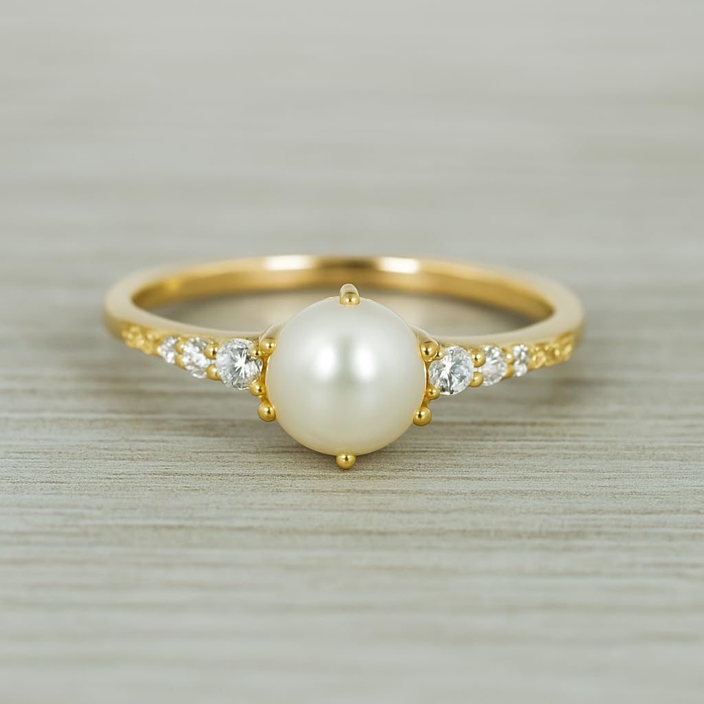 Freshwater Pearl Engagement Ring for Women 14K Yellow Gold Round Pearl Ring with CZ Diamonds Dainty Bridal Promise Ring Classic Vintage Inspired Jewelry Gift