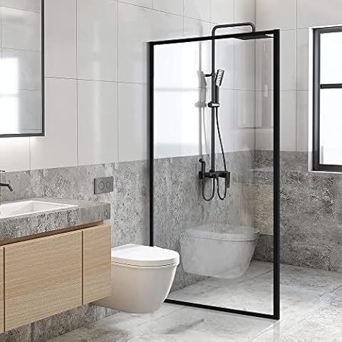 Fixed Shower Glass Door, Framed 5/16"(8mm) Tempered Glass Shower Panel 34 * 74 Inch for Walk-in Bathroom, Clear Shower Glass Screen with Matte Black Finish Cover