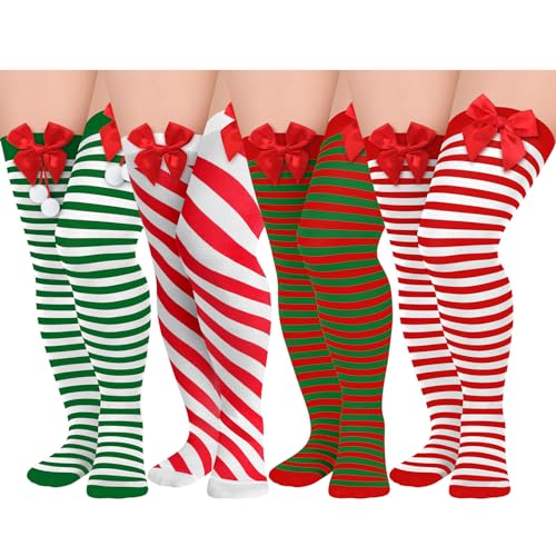 4 Pair Women Plus Size Christmas Striped Socks Over Knee High Socks Thigh High Stockings for Christmas