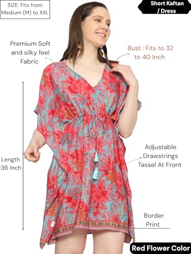 Image of KE KANHA EXPORTS Kaftan Dress|kafthan Dress for Women|Kaftan Kurti for Women|Beach wear Dress for Women|Boho Beach|Border Print Drawstring Tassel|Printed|Easily fits M to XXL|Bust32-42in Length36in