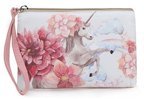 Crest Design Cute Canvas Smartphone Wristlets Cash Coin Purses, Make Up Bag, Cellphone Clutch Purse With Wrist Strap (Pink Unicorn)