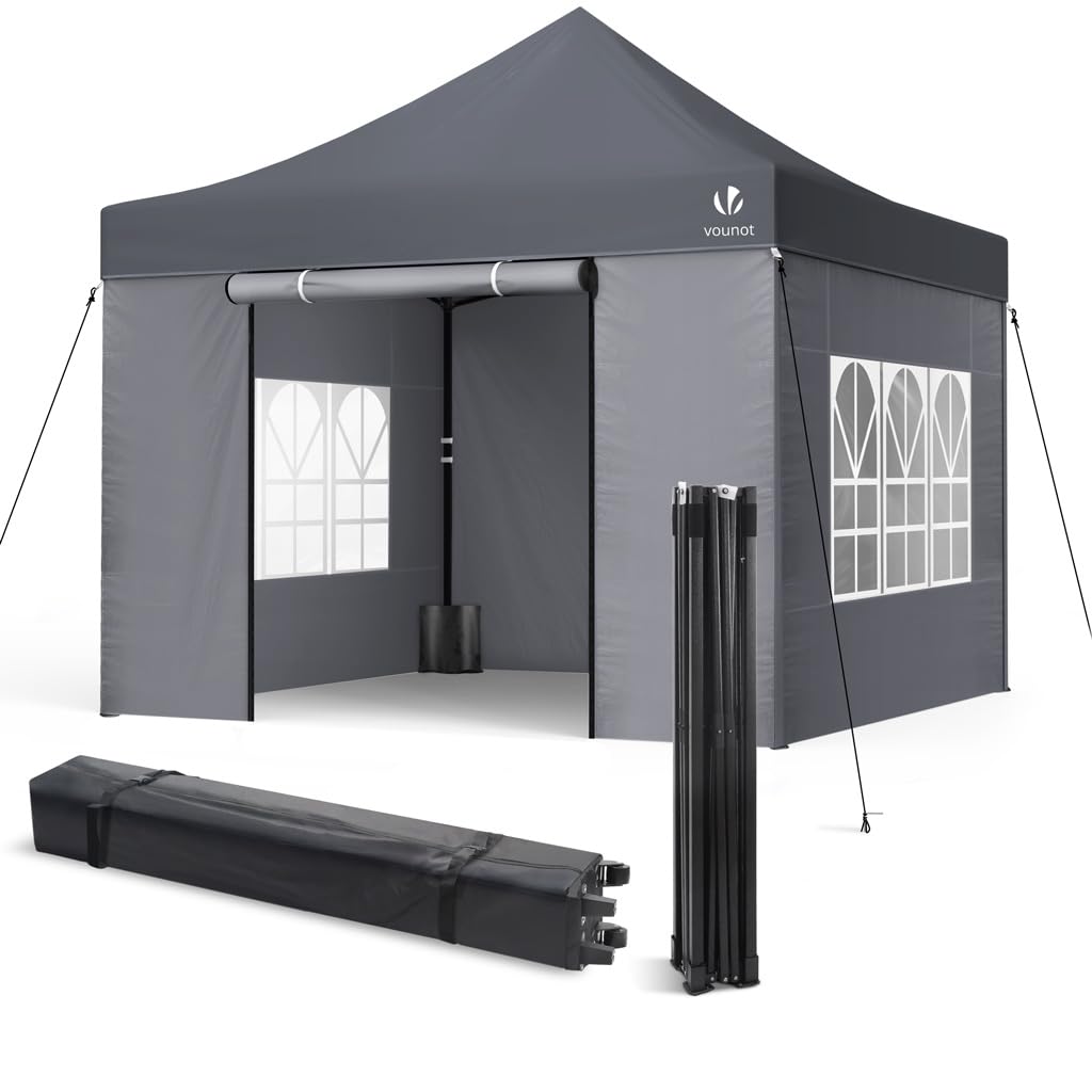 VOUNOT Carpa Plegable Gazebo 3x3m con 4 Paredes, Cenador Impermeable Pabellón de Jardín para Camping, Fiestas, Exterior, Color Gris