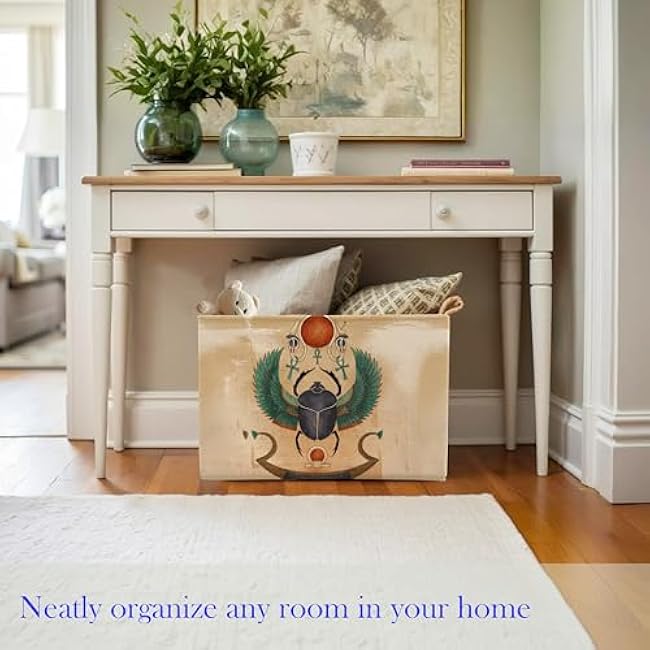 SiuSue Classic Ancient Egypt Storage Bin Box with Handles, Vintage Solar Worship Foldable Linen Fabric Home Cubes Baskets Closet Organizer Container for Clothes Toys Books