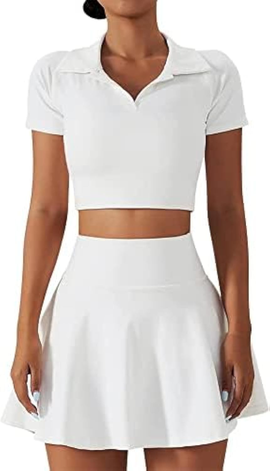 2 Piece Tennis Dress for Women High Waist Pleated Tennis Skirt with Shorts Short Sleeve Crop Golf Workout Skirts Sets