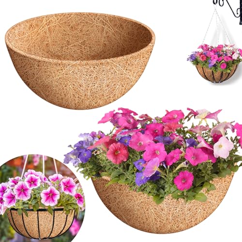 Riare 2 Pack 16 Inch Round Coco Liners Replacement 100% Natural Coconut Coir Liners for Hanging Baskets Garden Flower Vegetables Planter Pot Window Box Fence Decks