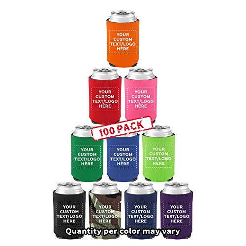 Custom Assorted Collapsible Can Coolers Set of 100, Personalized Bulk Pack - Keeps Your Drink Cold, Great for Beer, Soda and other Beverages, July 4th Giveaway - Assorted